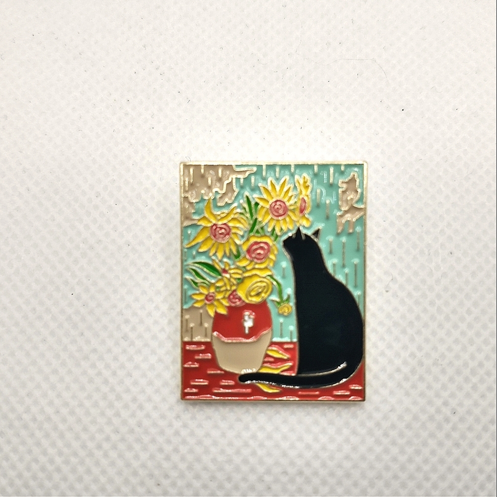 🧁 3/$30 Sunflowers in Vase with Sniffing Black Kitty Mashup Enamel Pin NEW